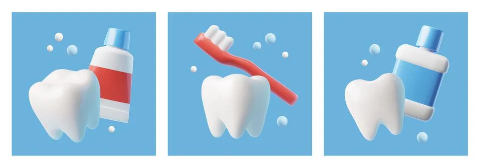 Set of squared banners with teeth and tools for cleaning 3D style Illustrazione stock