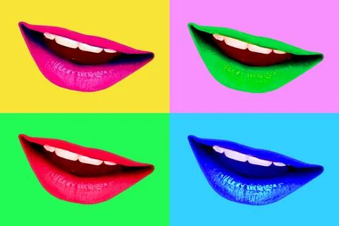 Set of squares with women's lips with multi-colored lipstick. Stock Photos