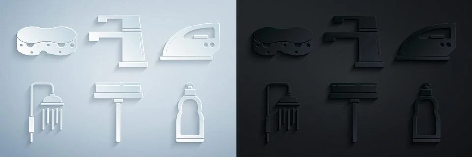 Set Squeegee, scraper, wiper, Electric iron, Shower head with water drops Illustrazione stock