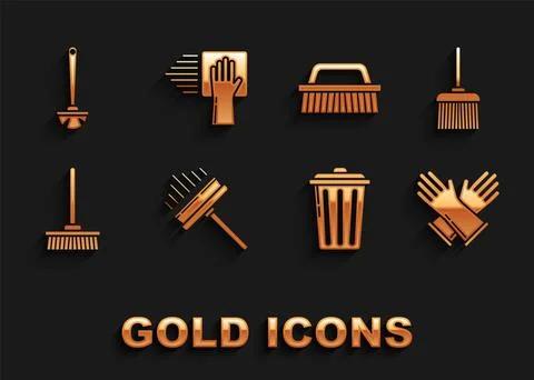 Set Squeegee, scraper, wiper, Handle broom, Rubber gloves, Trash can, Mop, Brush Illustrazione stock