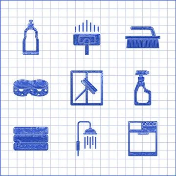 Set Squeegee, scraper, wiper, Shower head with water drops flowing, Washer 스톡 일러스트