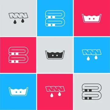 Set Squeeze clothes, Towel stack and Temperature wash icon. Vector Stockillustratie