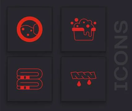 Set Squeeze clothes, Washer, Basin with soap suds and Towel stack icon. Vector Illustrazione stock