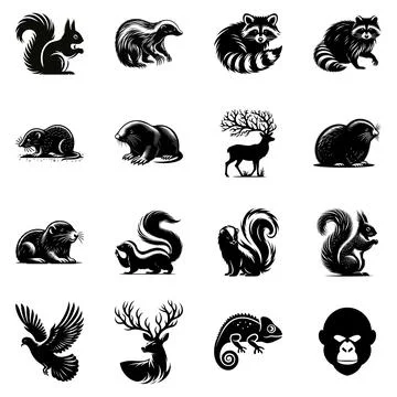 Set of squirrels and other wild animals silhouettes. Vector illustration Stock Illustration