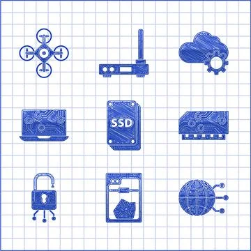 Set SSD card, 3D printer, Global technology or social network, RAM, random Illustrazione stock