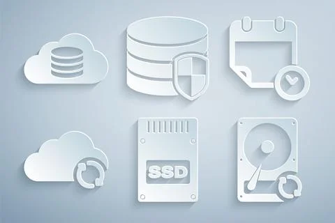 Set SSD card, Calendar and clock, Cloud sync refresh, Hard disk drive HDD, .. Stock Illustration