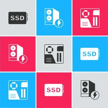 Set SSD card, Case of computer and Motherboard digital chip icon. Vector Stock Illustration
