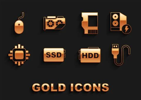 Set SSD card, Case of computer, USB cable cord, Hard disk drive HDD, Processor 스톡 일러스트