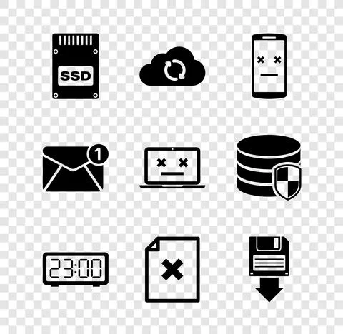 Set SSD card, Cloud sync refresh, Dead mobile, Digital alarm clock, Delete file Illustrazione stock