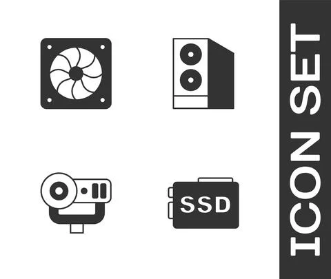 Set SSD card, Computer cooler, Web camera and Case of computer icon. Vector Stock Illustration