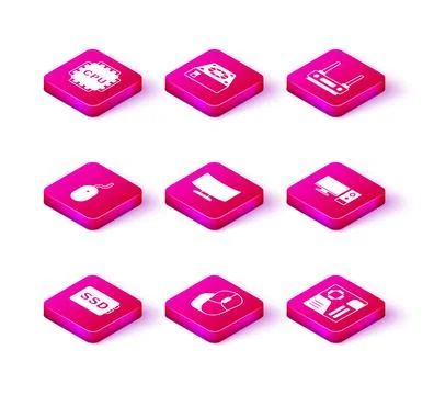 Set SSD card, Computer mouse, monitor screen, Motherboard digital chip, Router Stockillustratie