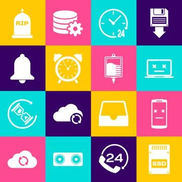 Set SSD card, Dead mobile, laptop, Clock 24 hours, Alarm clock and Ringing bell Illustrazione stock
