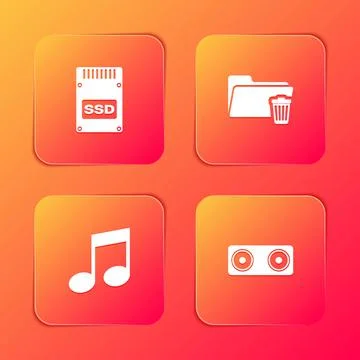 Set SSD card, Delete folder, Music note, tone and Stereo speaker icon. Vector Illustrazione stock