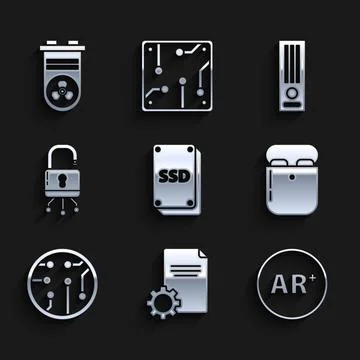 Set SSD card, File document, Ar, augmented reality, Air headphones in box Stock Illustration