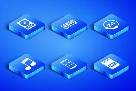 Set SSD card, Hard disk drive HDD, Dead mobile, Music note, tone, Retro flip Stock Illustration