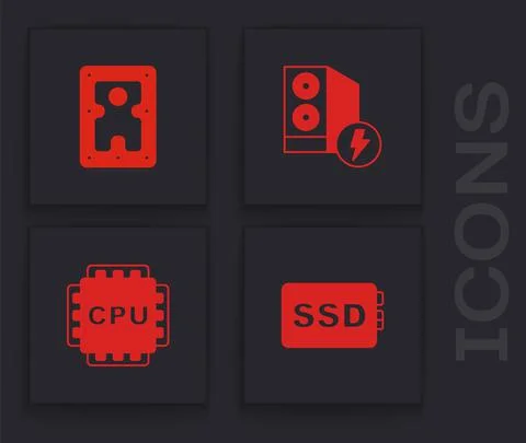 Set SSD card, Hard disk drive HDD, Case of computer and Processor with CPU icon イラスト素材