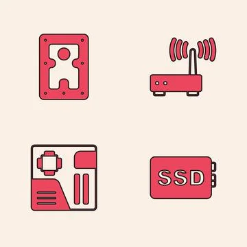 Set SSD card, Hard disk drive HDD, Router and wi-fi signal and Motherboard Stockillustratie