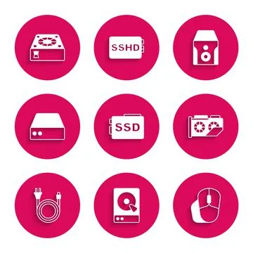 Set SSD card, Hard disk drive HDD, Computer mouse, Video graphic, Electric plug Stockillustratie