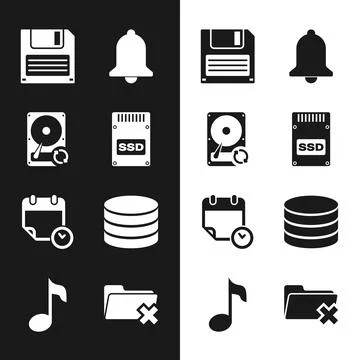 Set SSD card, Hard disk drive HDD sync refresh, Floppy, Ringing bell, Calen.. イラスト素材