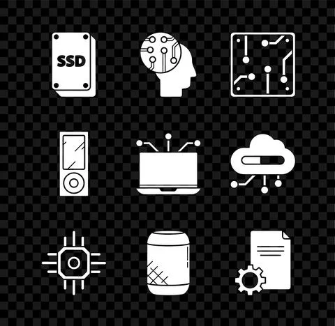 Set SSD card, Human brain as digital circuit board, Processor, Voice assistant Stock Illustration