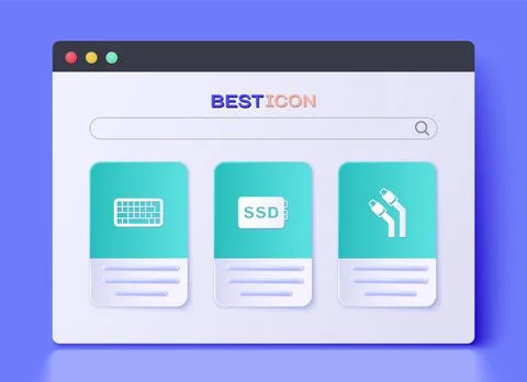 Set SSD card, Keyboard and LAN cable network internet icon. Vector Illustrazione stock