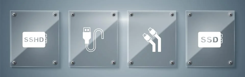 Set SSD card, LAN cable network internet, USB cord and SSHD. Square glass panels Illustrazione stock
