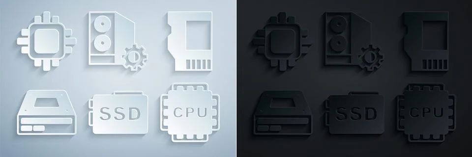 Set SSD card, Optical disc drive, Processor with CPU, Case of computer and icon Stock Illustration