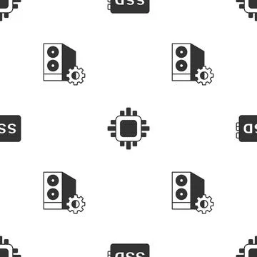 Set SSD card, Processor with CPU and Case of computer on seamless pattern Stock Illustration