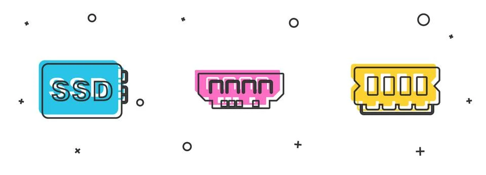 Set SSD card, RAM, random access memory and icon. Vector Stock Illustration