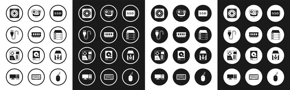 Set SSD card, RAM, random access memory, USB cable cord, Computer cooler, Server Illustrazione stock