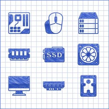 Set SSD card, RAM, random access memory, Hard disk drive HDD, Computer cooler Stock Illustration