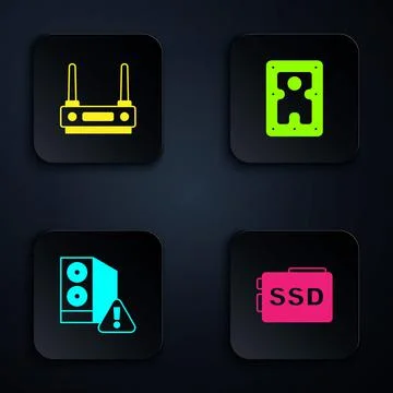 Set SSD card, Router and wi-fi signal, Case of computer and Hard disk drive H Illustrazione stock