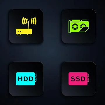 Set SSD card, Router and wi-fi signal, Hard disk drive HDD and Video graphic Illustrazione stock