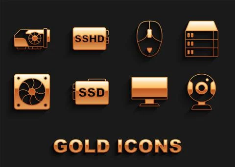 Set SSD card, Server, Data, Web Hosting, camera, Computer monitor screen, cooler Stock Illustration