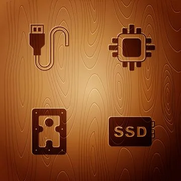Set SSD card, USB cable cord, Hard disk drive HDD and Processor with CPU on Illustrazione stock