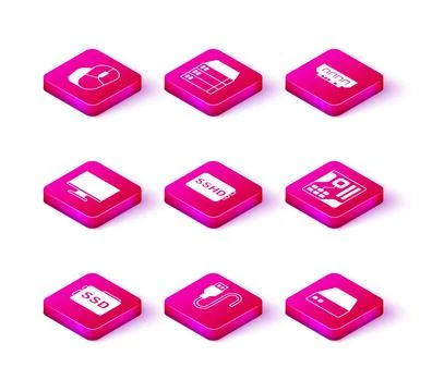 Set SSD card, USB cable cord, Computer monitor screen, SSHD, Server, Data, Web Illustrazione stock