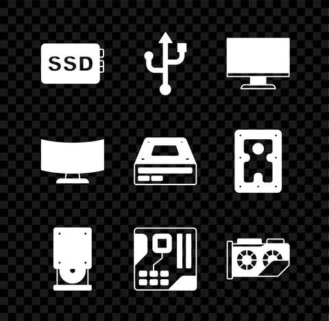 Set SSD card, USB, Computer monitor screen, Optical disc drive, Motherboard Stockillustratie