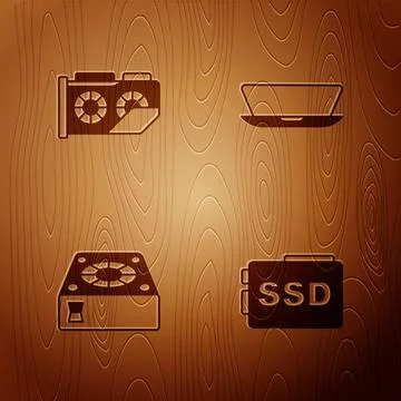 Set SSD card, Video graphic, Computer cooler and Laptop on wooden background Stock Illustration