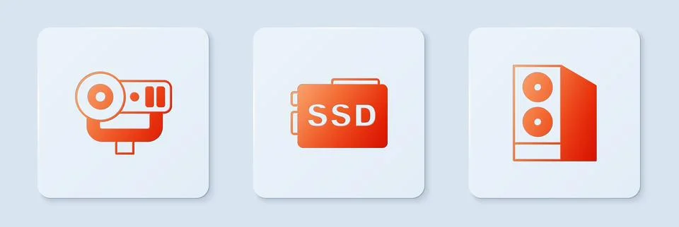 Set SSD card, Web camera and Case of computer. White square button. Vector Stock Illustration