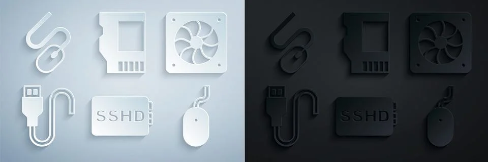Set SSHD card, Computer cooler, USB cable cord, mouse, SD and icon. Vector Illustrazione stock