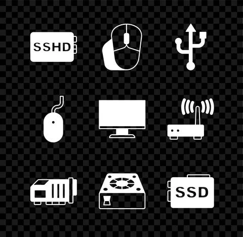 Set SSHD card, Computer mouse, USB, Video graphic, cooler, SSD, and monitor Illustrazione stock