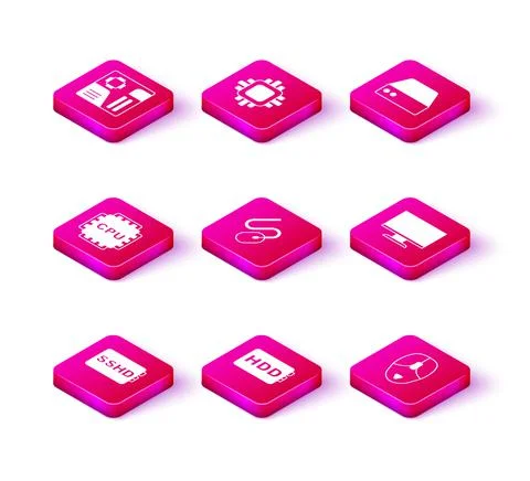 Set SSHD card, Hard disk drive HDD, Processor with CPU, Computer mouse, monitor Stock Illustration
