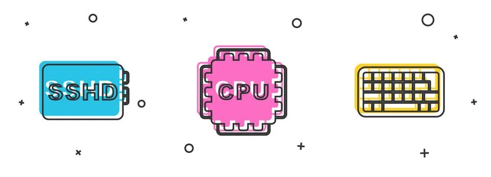 Set SSHD card, Processor with CPU and Keyboard icon. Vector イラスト素材