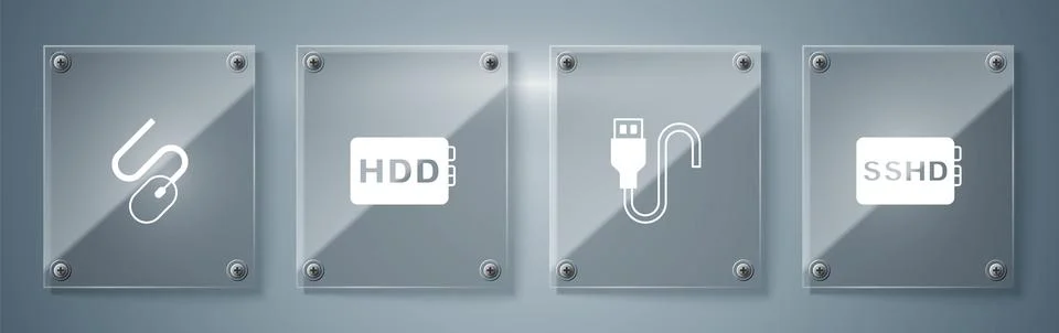 Set SSHD card, USB cable cord, Hard disk drive HDD and Computer mouse. Square Illustrazione stock
