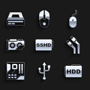 Set SSHD card, USB, Hard disk drive HDD, LAN cable network internet, Mother.. Stockillustratie