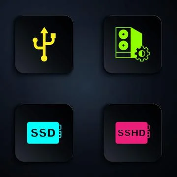 Set SSHD card, USB, SSD and Case of computer. Black square button. Vector Stock Illustration