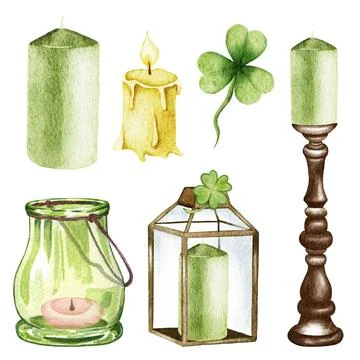 Set for st. Patrick's day with different candles , shamrock. watercolor hand Stock Illustration