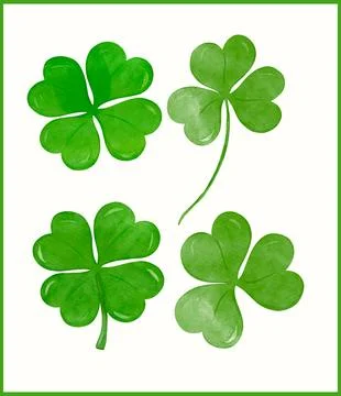 Set of St Patricks Day four Leaf Clover Whimsical watercolor Hand Painted v.. Stock Illustration
