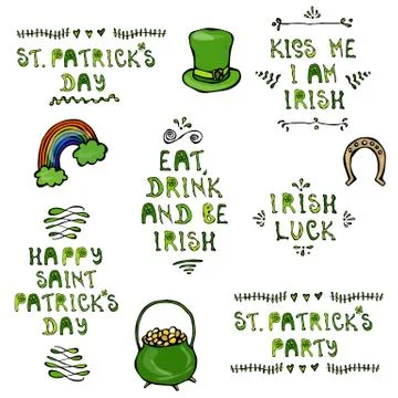 Set of St. Patricks Day Lettering. With Hat, Horseshoe, Pot and Rainbow. Vect Stock Illustration