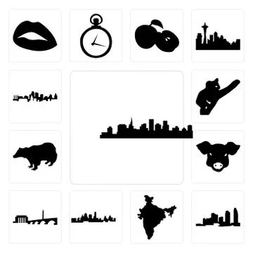 Set of st paul skyline on white background, , long island, india map, kansas  Free Stock Illustration